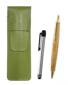 Grained Leather Pencil Case with Silver Metallic Touch and Retro Maple Ballpoint Pen Set Two-pack (SASKI-ALST-HS47S-2)