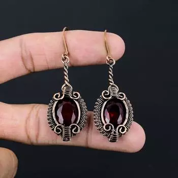 Гранат Драгоценный камень ручной работы из чистой медной проволоки, обернутый удивительными ювелирными серьгами 2.56 Inches красный