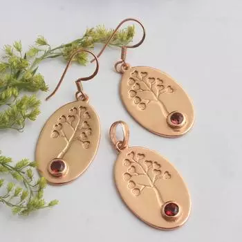 Гранат Январский камень Древо жизни Подвеска Серьги Ювелирные изделия из стерлингового серебра 925 пробы с покрытием из розового золота розового золота