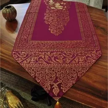 Гранатовая красная скамейка с золотыми помпонами 23x200см - ручная работа из искусственного тайского шелка 23x200 гранат/красный