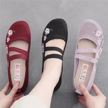 Grandma flats casual knitted mary jane shoes for women summer breathable loafers soft lavender flats woman double strappy shoes CN 36 вино красного