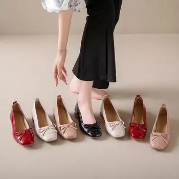 Grandma shoe temperament 2025 evening wind flat-soled single shoes women s soft-soled small fragrant wind spring bow patent leather ballet shallow mou 35 розовый
