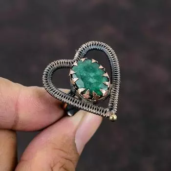Граненое кольцо с замбийским изумрудом, кольцо из медной проволоки, регулируемое кольцо, элегантные ювелирные изделия ручной работы, кольцо из натурального драгоценного камня, медные украшения для подарка