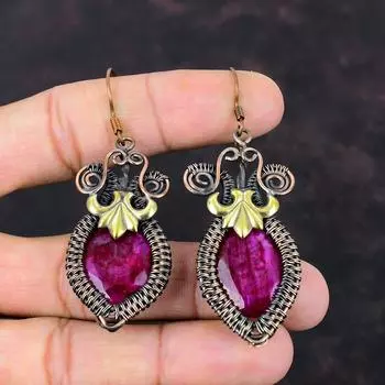 Граненые кашмирские рубиновые серьги, серьги из медной проволоки, кашмирские рубиновые украшения, серьги ручной работы с драгоценными камнями, подарок на помолвку, ювелирные изделия из медной проволоки