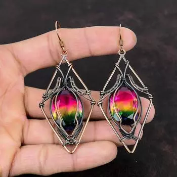 Граненые многогранные серьги из турмалина, серьги из медной проволоки, серьги с драгоценными камнями, медные украшения, серьги ручной работы, украшения из проволоки для подарка