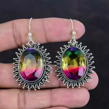 Граненые многогранные серьги с турмалином, настоящие серьги из драгоценных камней, серьги из стерлингового серебра 925 пробы, ювелирные изделия ручной работы, уникальные дизайнерские серьги, подарки для жены