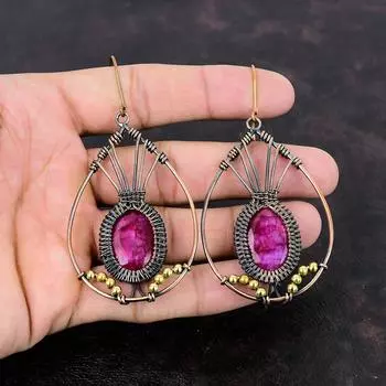 Граненые серьги из кашмирского рубина, медная проволочная обертка, серьги из натурального драгоценного камня, медные украшения, серьги ручной работы, проволочные украшения, подарок для мамы