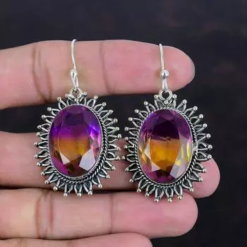 Граненые серьги с аметрином, настоящие драгоценные камни, серьги из стерлингового серебра 925 пробы, серьги ручной работы, ювелирные изделия с аметрином, уникальные серьги в подарок маме