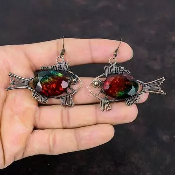 Граненые серьги с аммолитом, медная проволока, обернутая рыбьими серьгами, ювелирные изделия ручной работы, серьги с драгоценными камнями, медная проволока, дизайнерские серьги для женщин