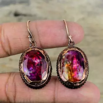 Граненые серьги с аммолитом, медные серьги, полученные электроформованием, ювелирные изделия с драгоценными камнями, изящные серьги, серьги ручной работы, ювелирные изделия, изготовленные методом гальванопластики, подарки для нее