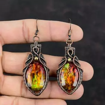 Граненые серьги с аммолитом Серьги из медной проволоки Медные украшения ручной работы Серьги из настоящего драгоценного камня Ювелирные изделия из проволоки Серьги с камнями