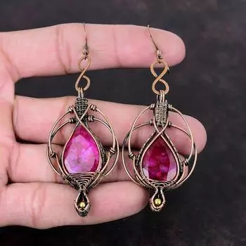 Граненые серьги с кашмирским рубином, серьги из медной проволоки, серьги ручной работы, потрясающие медные украшения, оригинальные серьги с драгоценными камнями, подарок для мамы