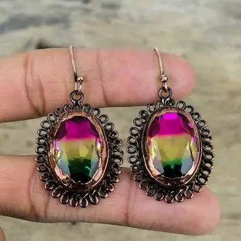 Граненые серьги с мультитурмалином, медные серьги, изготовленные методом гальванопластики, ювелирные изделия ручной работы из натуральных драгоценных камней, уникальные серьги, ювелирные изделия, изготовленные гальваническим методом для подарков