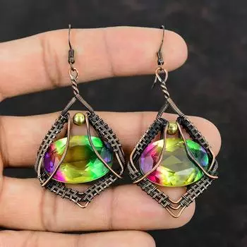 Граненые серьги с мультитурмалином, серьги из медной проволоки, оригинальные серьги ручной работы с драгоценными камнями, медная проволока, ювелирные изделия, подарки на годовщину