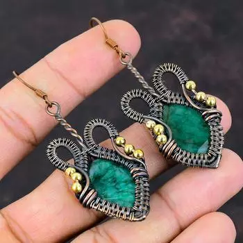 Граненые серьги с замбийским изумрудом, медная проволока, серьги ручной работы, антикварные ювелирные изделия, серьги с драгоценными камнями, свадебный подарок, медная проволока, ювелирные изделия