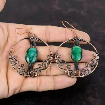 Граненые серьги с замбийским изумрудом, медная проволока, серьги, серьги с драгоценными камнями, уникальные медные украшения, ювелирные изделия ручной работы, свадебный подарок
