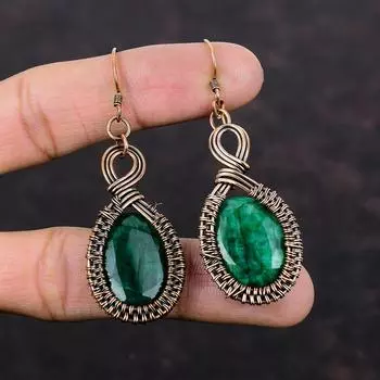 Граненые серьги с замбийским изумрудом, медная проволока, серьги, драгоценный камень, серьги ручной работы, уникальные медные украшения, свадебный подарок, ювелирные изделия из проволочной обмотки