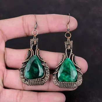 Граненые серьги с замбийским изумрудом, серьги из медной проволоки, медные украшения, серьги ручной работы из натурального драгоценного камня, подарок для мамы, ювелирные изделия из проволочной обмотки