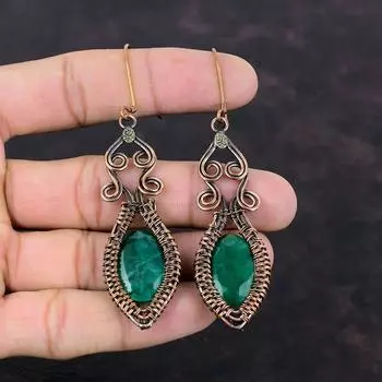 Граненые серьги с замбийским изумрудом, серьги из медной проволоки, уникальные медные дизайнерские украшения, серьги ручной работы, ювелирные изделия из драгоценных камней, подарок для невесты