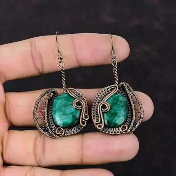 Граненые серьги с замбийским изумрудом, серьги из медной проволоки, элегантные серьги, медные украшения, серьги ручной работы, ювелирные изделия из драгоценных камней, подарок для женщин