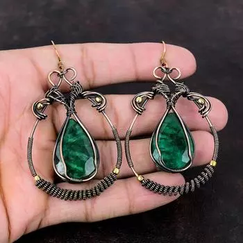 Граненые серьги с замбийским изумрудом, серьги из медной проволоки, ювелирные изделия из драгоценных камней, уникальные серьги, медные украшения, подарок на помолвку, серьги ручной работы