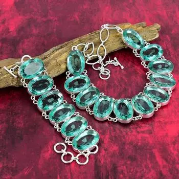 Граненый аква-апатит 925 пробы, твердые серебряные украшения, браслет и ожерелье ручной работы, комплект ювелирных изделий для женщин, красивые украшения из драгоценных камней для свадебного подарка Adjustable With 8 -18 синий