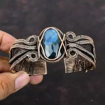 Граненый браслет из лабрадорита, браслет-манжета с драгоценным камнем, браслет из медной проволоки, регулируемый браслет-манжета, медные украшения ручной работы, свадебные подарки