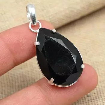 Граненый черный оникс драгоценный камень ручной работы твердый стерлинговый серебристый стерлинговый серебристый 925 свадебный подарок кулон 1.77 Inches чёрный