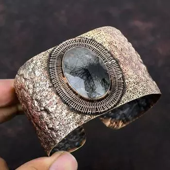 Граненый черный рутиловый медный браслет-манжета, проволочная обмотка, регулируемый браслет, браслет-манжета из натурального драгоценного камня, медные ювелирные изделия ручной работы, подарок для него