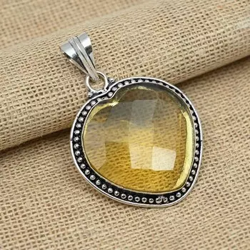Граненый цитрин Топаз Драгоценный камень Твердый стерлинговый серебристый стерлинговый серебристый 925 Свадебный кулон Ювелирные изделия 1.96 Inches жёлтый