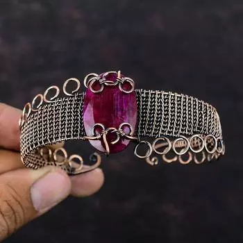Граненый кашмирский рубиновый браслет, браслет-манжета с драгоценным камнем, медная проволока, обернутая регулируемым браслетом, изящный браслет ручной работы, ювелирные изделия из медной проволоки для подарка