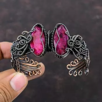 Граненый кашмирский рубиновый браслет, медная проволока, обернутая браслет-манжета, регулируемый браслет, манжета ручной работы с драгоценным камнем, медная проволока, ювелирные изделия, подарки на годовщину