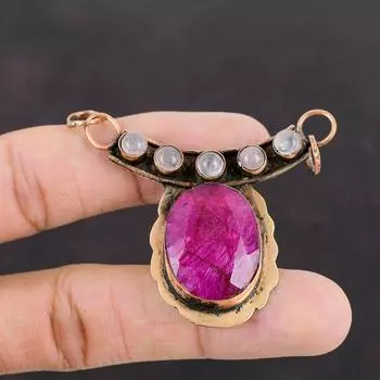 Граненый кашмирский рубиновый кулон, кулон из розового кварца, медный кулон, женский кулон ручной работы, подарок для мамы, драгоценный камень, медные украшения, окисленный кулон