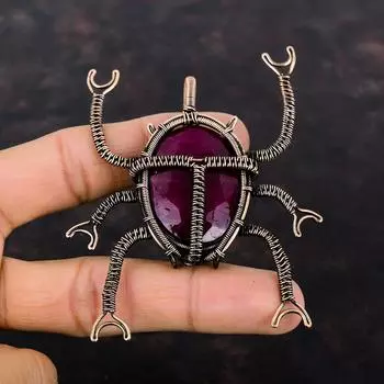 Граненый кашмирский рубиновый кулон, медная проволока, кулон, ювелирные изделия ручной работы из медной проволоки, изысканный кулон с драгоценным камнем, кулон с жуком, подарок для мамы