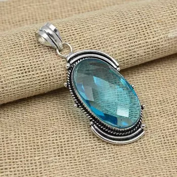 Граненый кулон из серебра 925 пробы с голубым топазом, изящные украшения ручной работы для нее 2.36 Inches синий