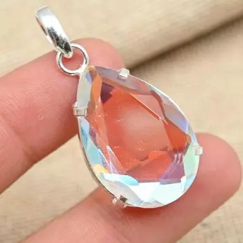 Граненый Mistic Topaz Gemstone 925 Sterling Silver Handmade Elegant Jewelry Pendant 1.77 Inches белый