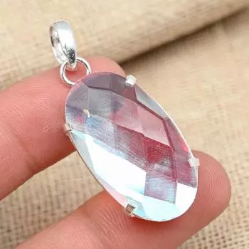 Граненый Mistic Topaz Gemstone Solid 925 Sterling Silver Handmade Отличный ювелирный кулон 1.77 Inches белый