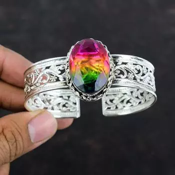 Граненый многогранный турмалиновый браслет с драгоценными камнями, браслет-манжета из стерлингового серебра 925 пробы, ювелирные изделия ручной работы, регулируемый браслет-манжета, подарок для матери