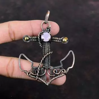 Граненый Розовый Халцедон Кулон Медная Проволока Обернутый Кулон Якорь Дизайн Кулон Драгоценный Камень Медная Проволока Ювелирные Изделия Подарок Для Него Кулон Ручной Работы