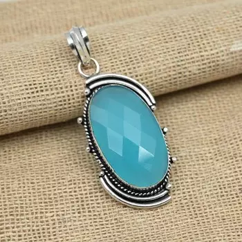 Граненый синий халцедоновый драгоценный камень стерлингового серебра 925 пробы ручной работы Необычный кулон для подарков 2.36 Inches синий