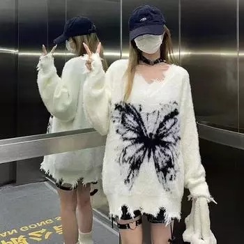 Гранж Бабочка Принт Вязаный свитер Женский Готический Гот Харадзюку Панк С Открытыми Плечами Пуловеры Осень One Size белый