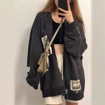 Гранж-готика, оверсайз, серая женская толстовка с капюшоном E Girl, лоскутные толстовки в винтажном стиле 90-х годов, осенние укороченные топы на молнии S серый