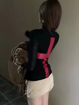 Гранж готика Y2k винтажные футболки женские американские ретро панк уличная одежда крест принт длинный рукав тонкие футболки топы осень зима S чёрный