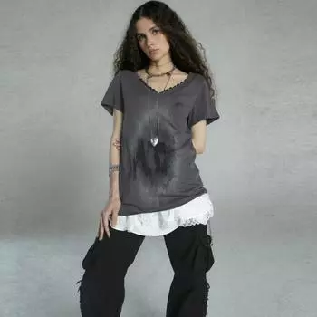 Гранж-панк уличная одежда футболки женские американские ретро мода Y2k эстетика кружева пэчворк свободные футболки топы лето 2024 S серый
