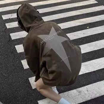 Гранж Винтаж Флисовая Толстовка Уличная Толстовка Женская Корейская Мода Хип-Хоп Звездный Принт Негабаритный Толстовка С Капюшоном Зимняя Одежда Для Пар S чёрный