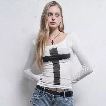 Гранж Винтаж Уличная одежда Футболки Женские Американские Ретро Сексуальные Кокетки Хип-Хоп Принт С Перекрестием Длинные Рукава Тонкие Футболки Топ S белый