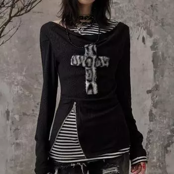 Гранж Винтаж Уличная одежда Футболки Женские Американский Ретро Панк Y2k Полосатый Пэчворк Крест Принт Футболки На Молнии Топы S чёрный