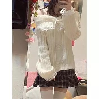 Гранж Женский вязаный свитер с открытыми плечами Розовый пуловер Милые пуловеры Длинные рукава Бантик Кружева Лоскутные джемперы Y2k Уличная одежда S чёрный