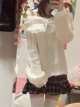 Гранж Женский вязаный свитер с открытыми плечами Розовый пуловер Милые пуловеры Длинные рукава Бантик Кружева Лоскутные джемперы Y2k Уличная одежда S чёрный