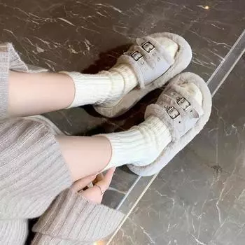 Grape Mom Studiolae Двубортные Плоские Домашние Толстые Мохнатые Верхние Тапочки Женские Осень Зима 34 чёрный